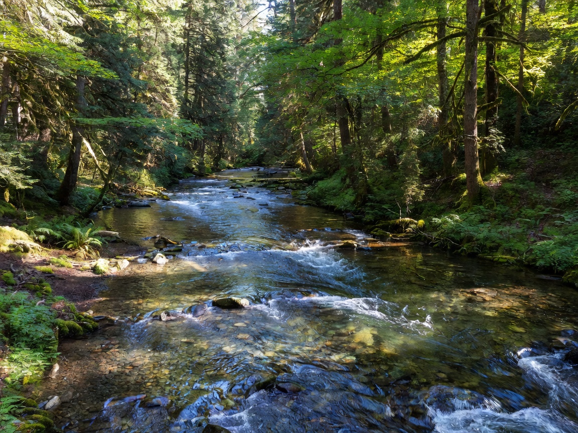 Crystal clear river rushing through a forest