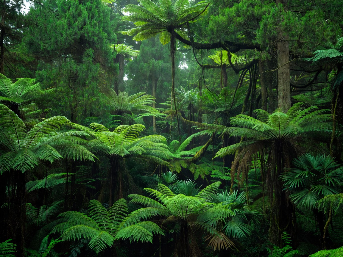 Lush emerald prehistoric rainforest canopy