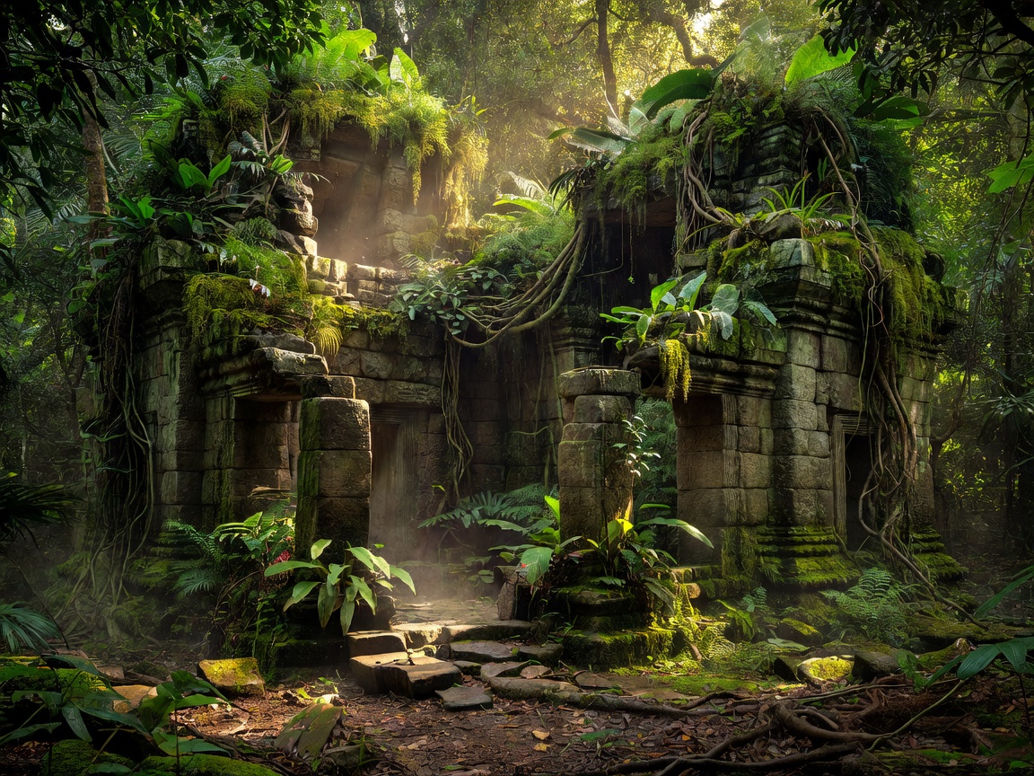 Overgrown ancient stone temple ruins